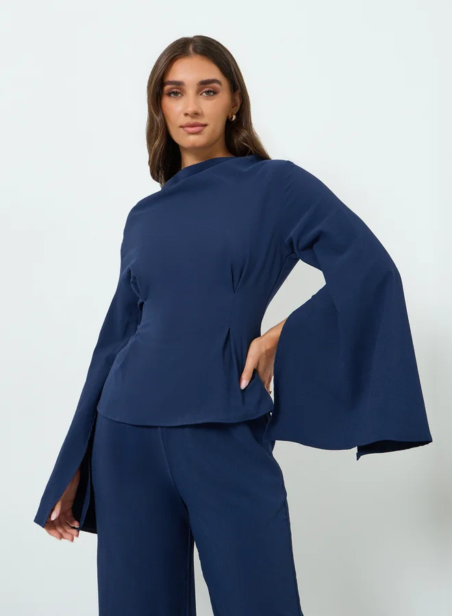 ستايلي طقم نسائي بلوزة وبنطلون بخصر محدد وأكمام مشقوقة